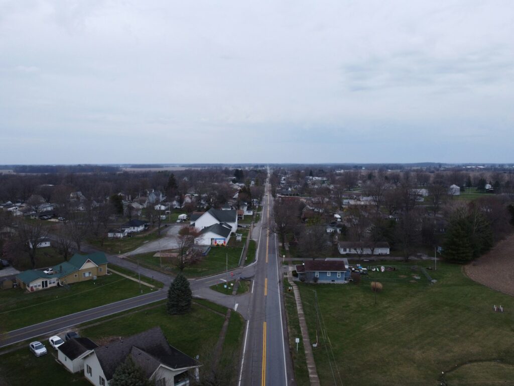 An aerial view of a small town.