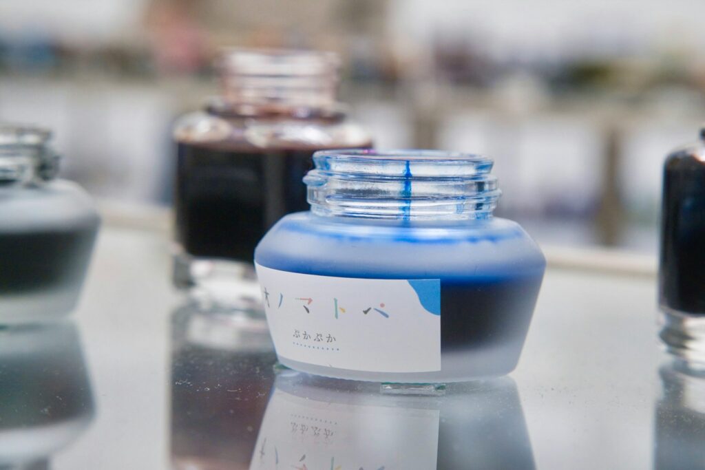 a close-up of a blue container with a label